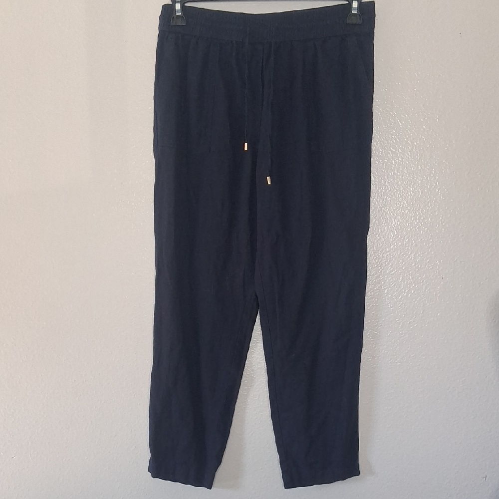 Calvin Klein Linen Blend Straight-Leg Pull-On Drawstring Pants Elastic Waist M